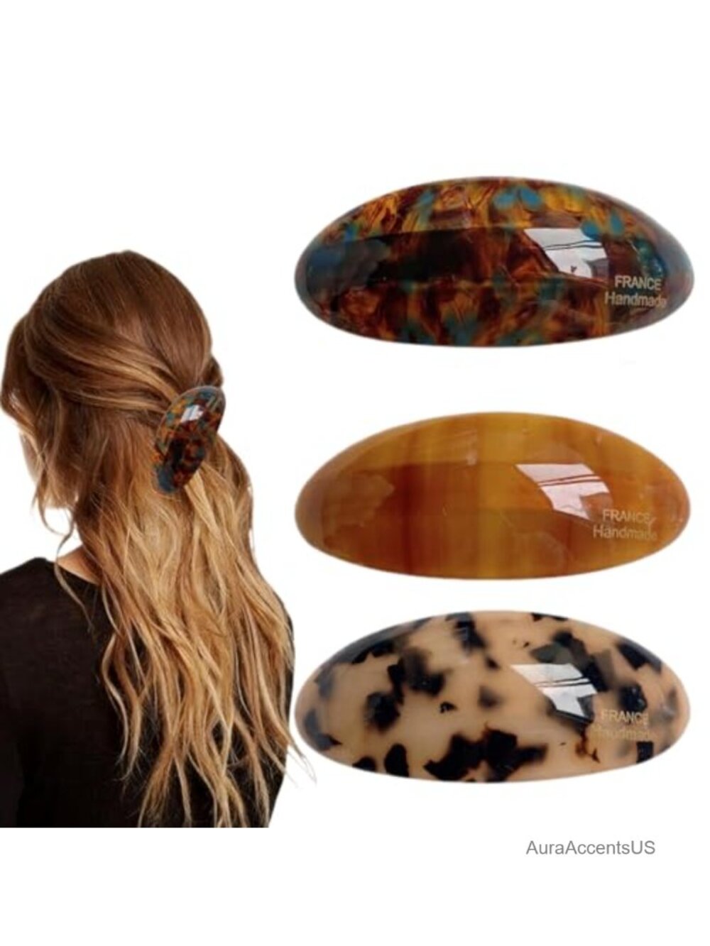 3 Pack French Hair Barrettes, Oval Tortoiseshell Acetate Snap Clips for Women